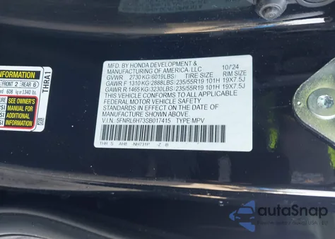 2025 Honda Odyssey Sport-L из США, поврежденный, VIN 5FNRL6H73SB017415